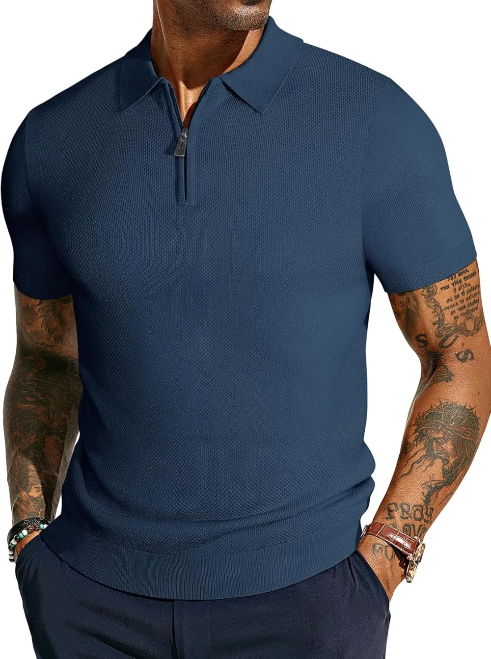 Men's Zipper Polo Shirt Textured Casual Knit Short Sleeve Polo T Shirt