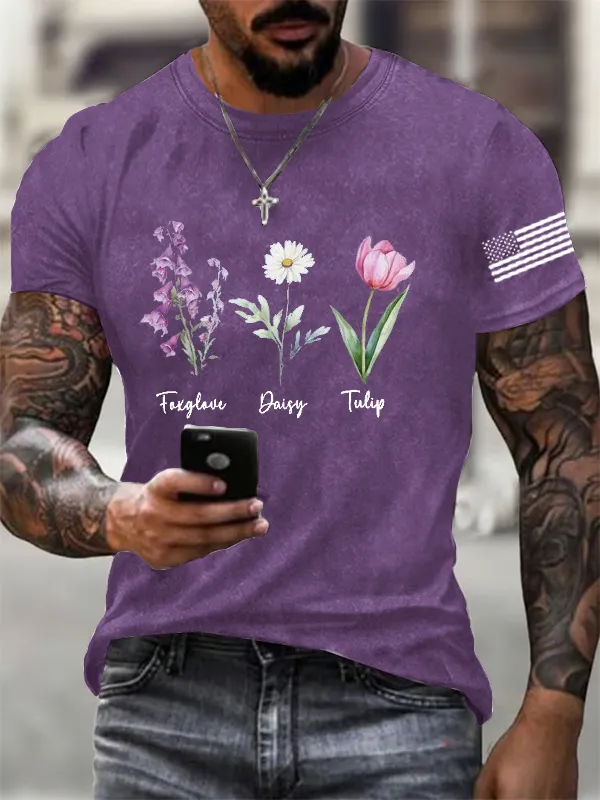 Men'S FDT Flowers Printed Cotton Washed T-Shirt
