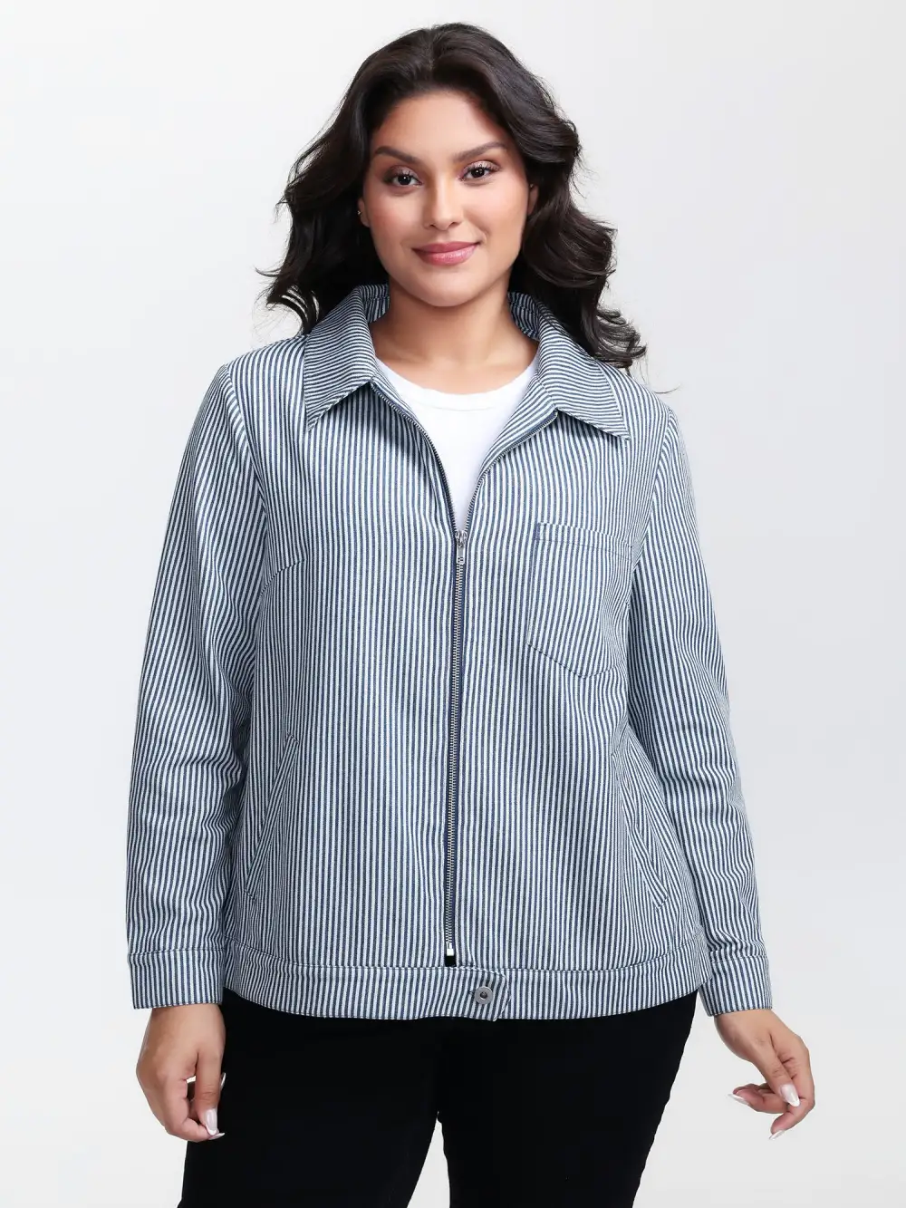 Denim Stripe Zipper-Front Jacket