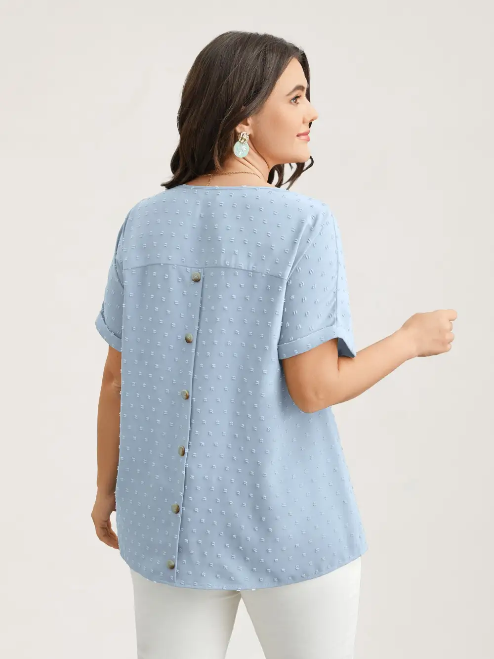 Back-Button Textured V-Neck Shirt