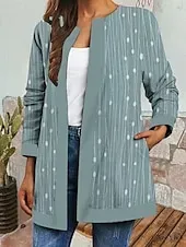 Women's Casual Lightweight Coat Open Front Work Print Geometric Comfortable Boho Vintage Regular Fit Long Sleeve With Pocket Outerwear Long Sleeve Fall Lake blue S