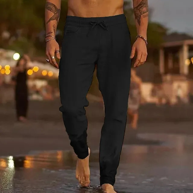 Men's Linen Pants Trousers Summer Pants Beach Pants Pocket Drawstring Elastic Waist Plain Comfort Soft Daily Weekend Linen / Cotton Blend Streetwear Casual Dark Khaki Light Khaki Micro-elastic