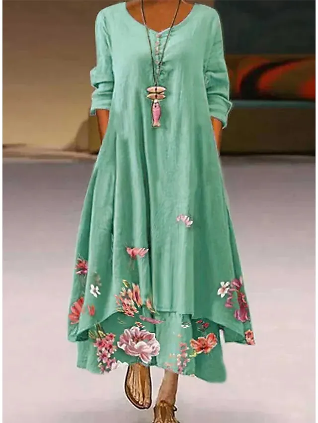 Women‘s Long Dress Maxi Dress White Yellow Pink Long Sleeve Floral Print Summer Spring Fall Crew Neck Summer Dress Regular Fit 2023 S M L XL XXL 3XL 4XL 5XL