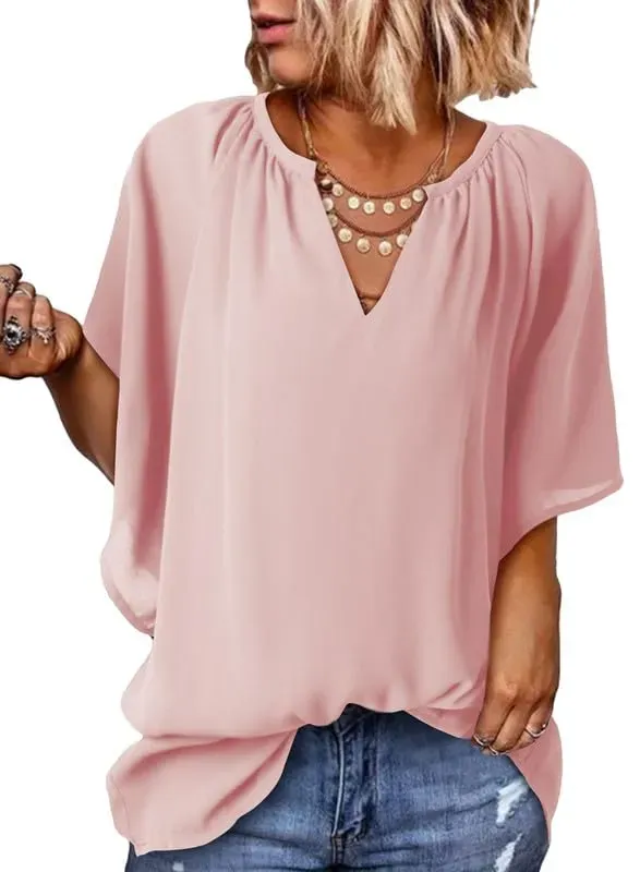 ✨ New Women's V Neck 3/4 Batwing Sleeve Blouse Pleated Flowy Tunic Tops