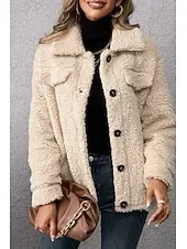 Women's Sherpa Jacket Comfortable Breathable Pocket Buttons Casual Plain Vacation Street Casual Daily Wear Single Breasted Short Turndown Regular Fit Long Sleeve Outerwear Khaki Army Green Dark Gray