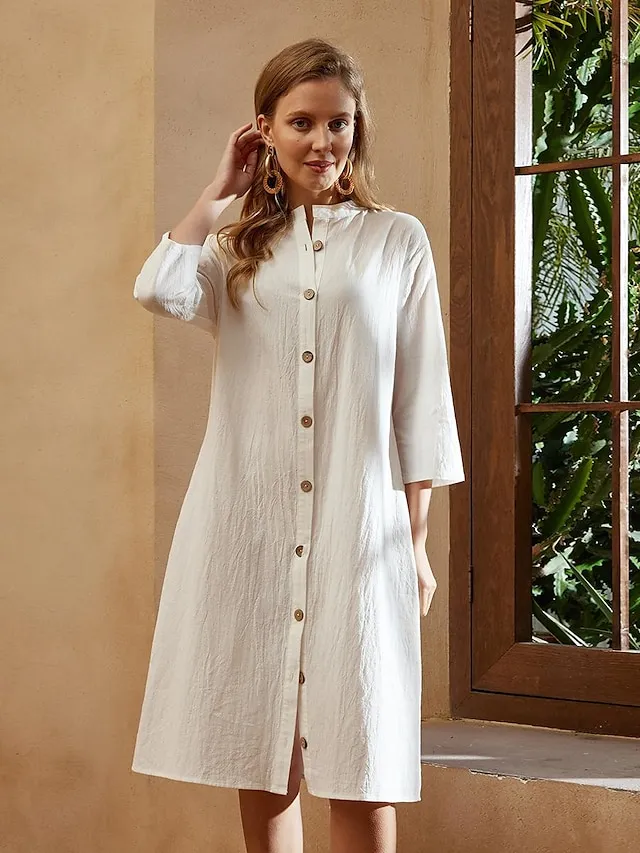 Women's Cotton Linen button down Sundress Midi Dress 3/4 Sleeve Casual Loose Fit Summer Beach Black White Green