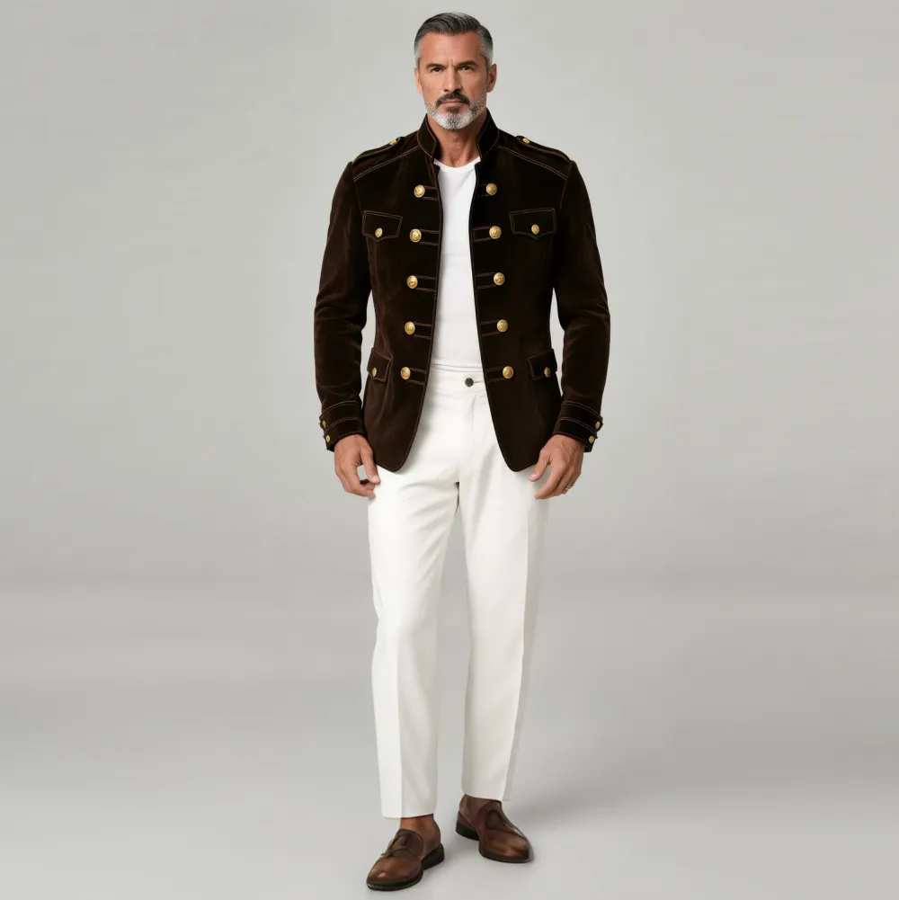 Men's Suede Stand Collar Double Breasted Pockets Long Sleeve Jakcet