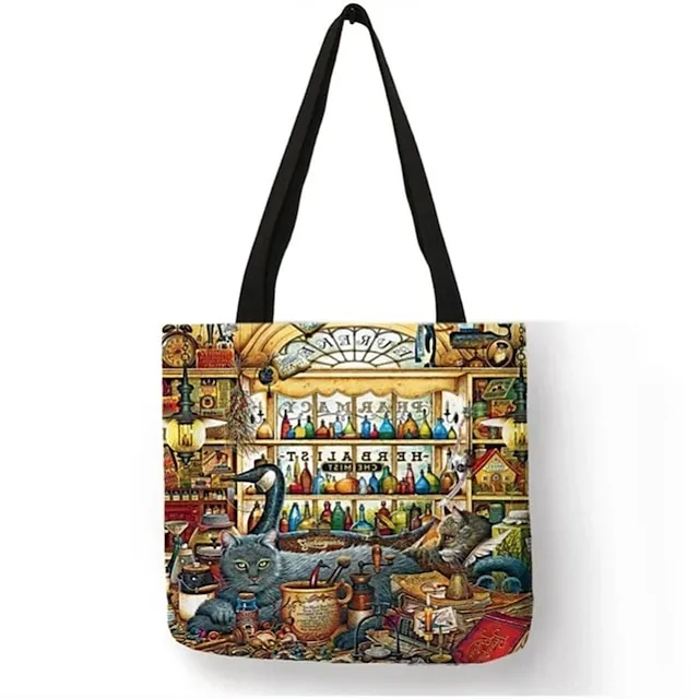 Men's Women's Tote Canvas Tote Bag Linen Office Daily Large Capacity Waterproof Breathable Patchwork Earth Yellow Camel Green