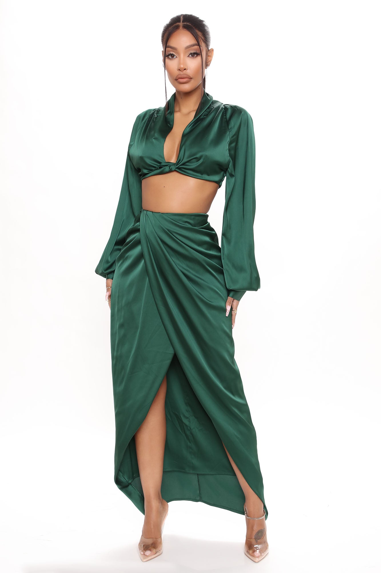 Love Again Satin Skirt Set - Emerald