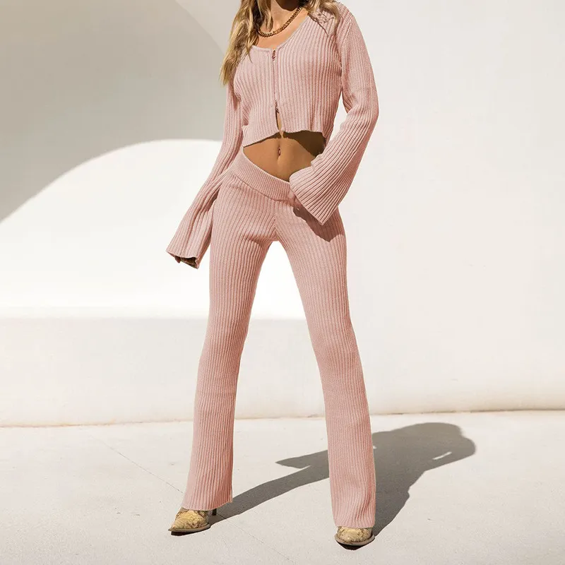 Long Sleeve Cardigan Zipper Casual Set
