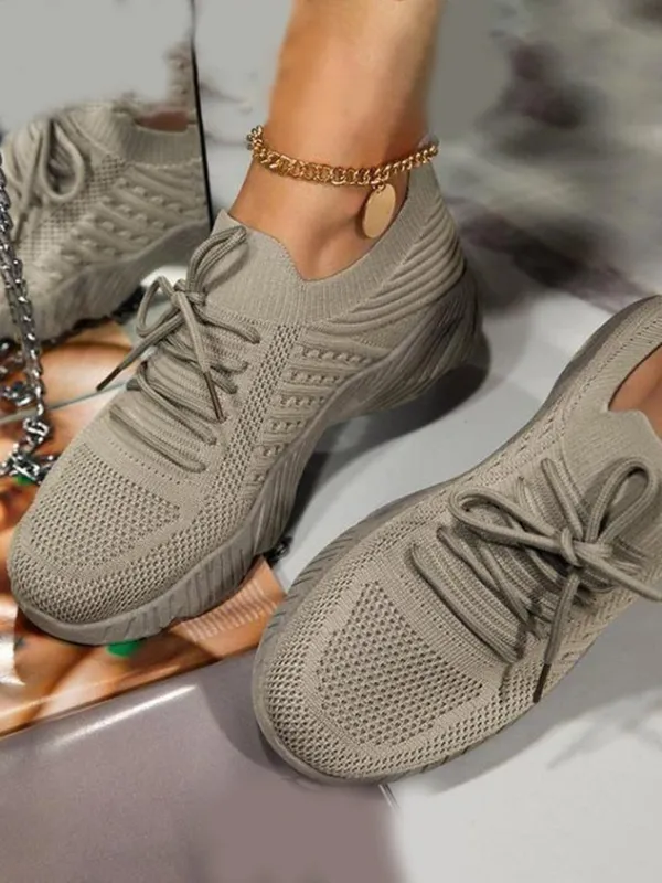 Mesh Platform Solid Color Lace-Up Flyknit Lightweight Soft Sole Slip-On Sneakers（⚡Clearance Sale）