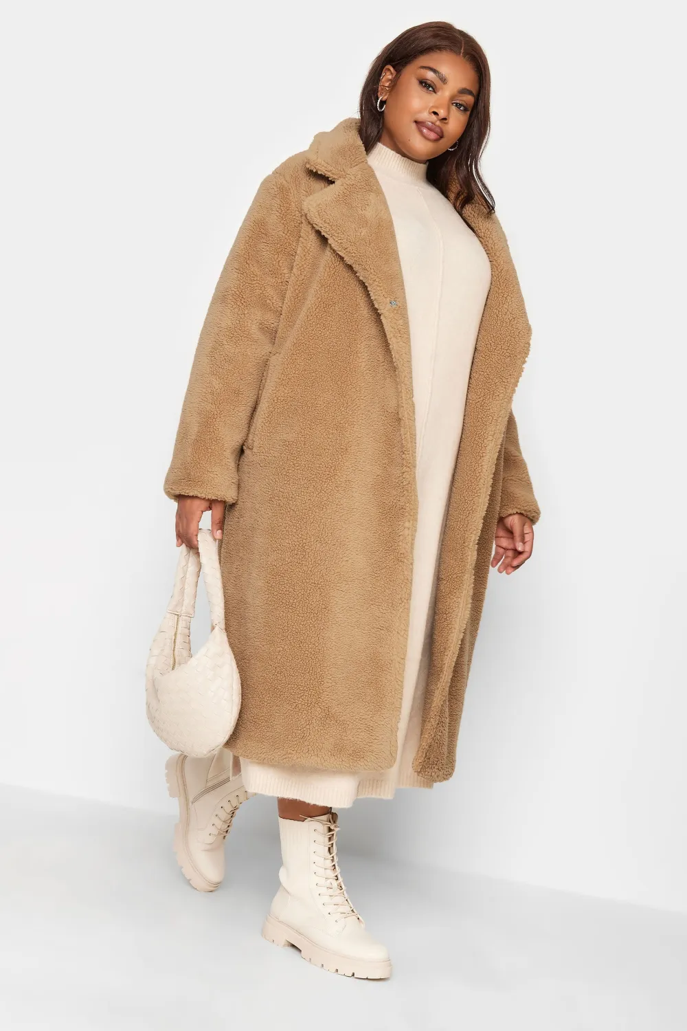 YOURS Curve White & Black Check Teddy Maxi Coat