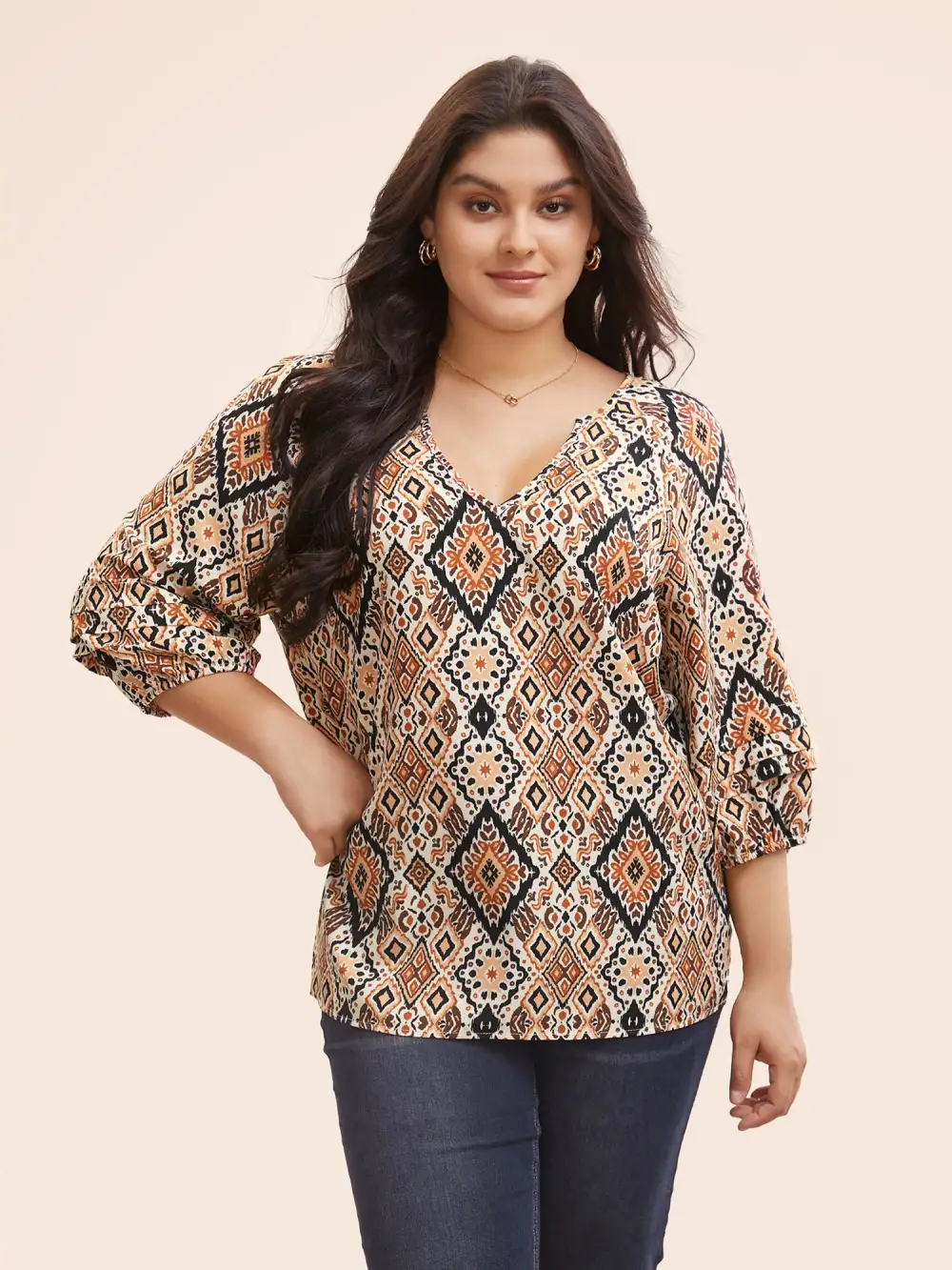 Bandana Geometric Pleated Lantern Sleeve Blouse