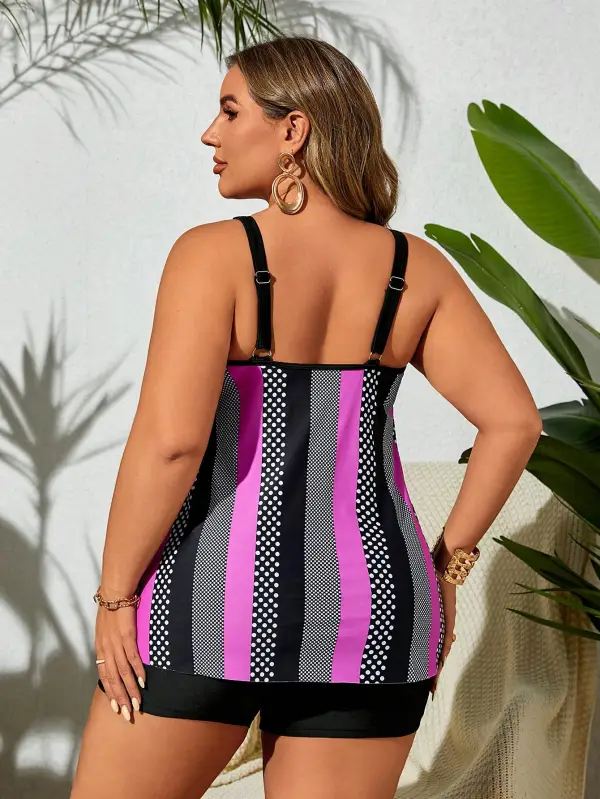 Plus Size Color Block Polka Dot Printed Tankini Swimsuit With Floral Splice, Vacation Beachwear