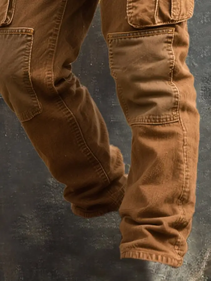 Men's Retro Stitching Contrast Color Multi-Pocket Casual Work Trousers