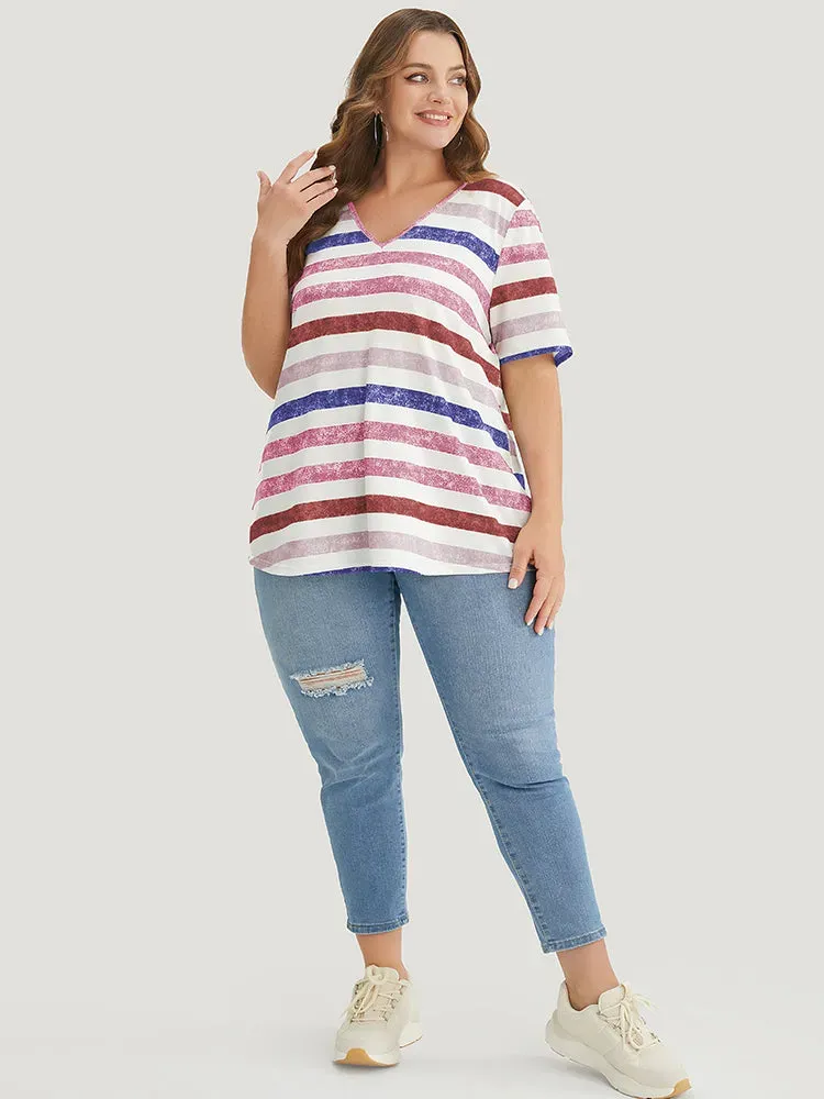 Striped Contrast V Neck T-shirt