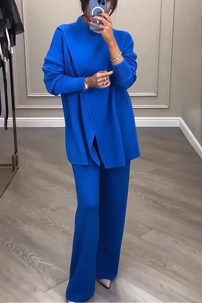 Women's solid color irregular top and pants two-piece set