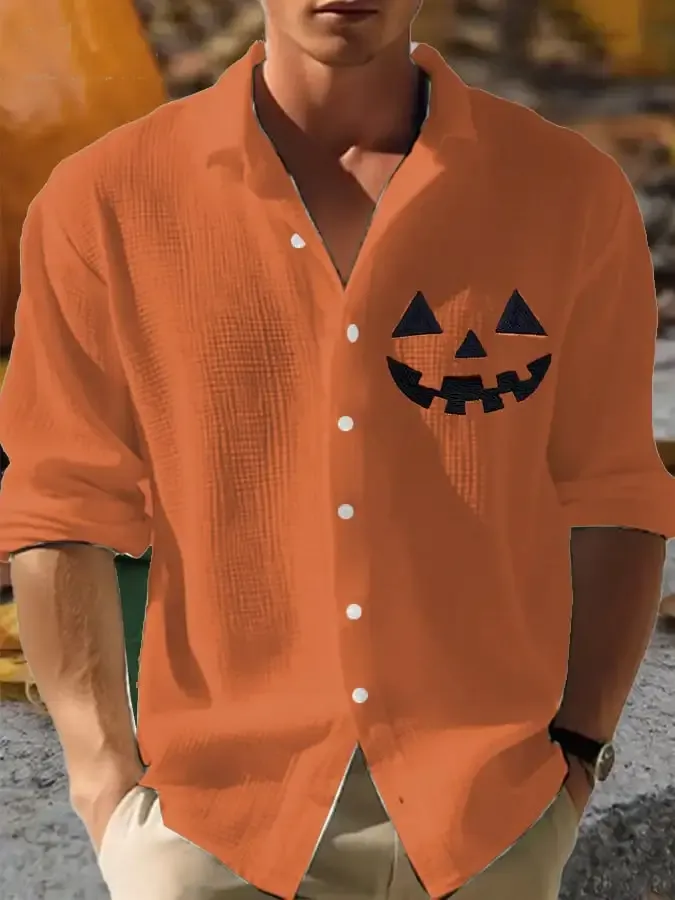 Men's Casual Pumpkin Print Lapel Shirt