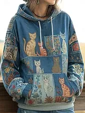 Women's Pullover Hoodie Sweatshirt Graphic Geometric Cat Punk Active Vintage Long Sleeve Hooded Regular Tops Street Dailywear Print Front Pocket Blue Spring Fall Winter