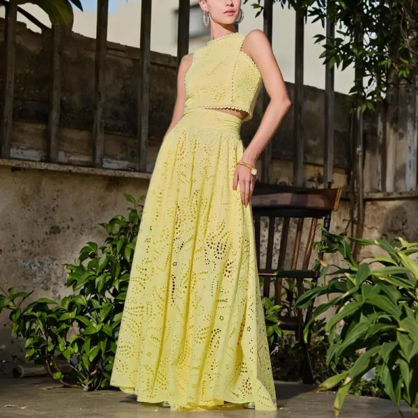 Women Summer 2 Pieces Set O-neck Single Button Ankle-length A-line Dress Sets For Beach Vacation Party Womenswear