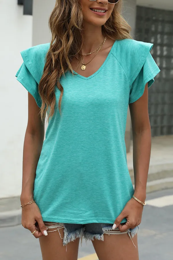Solid Ruffled Sleeve V-Neck T-Shirt