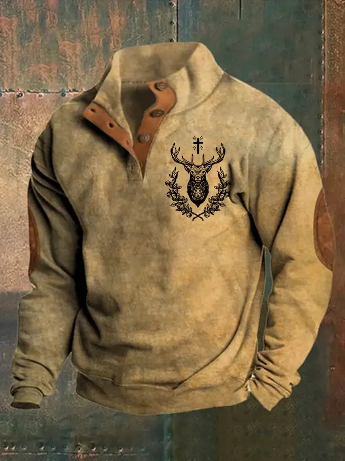 Men'S Deer Cross Printed Buttons Casual Sweatshirt