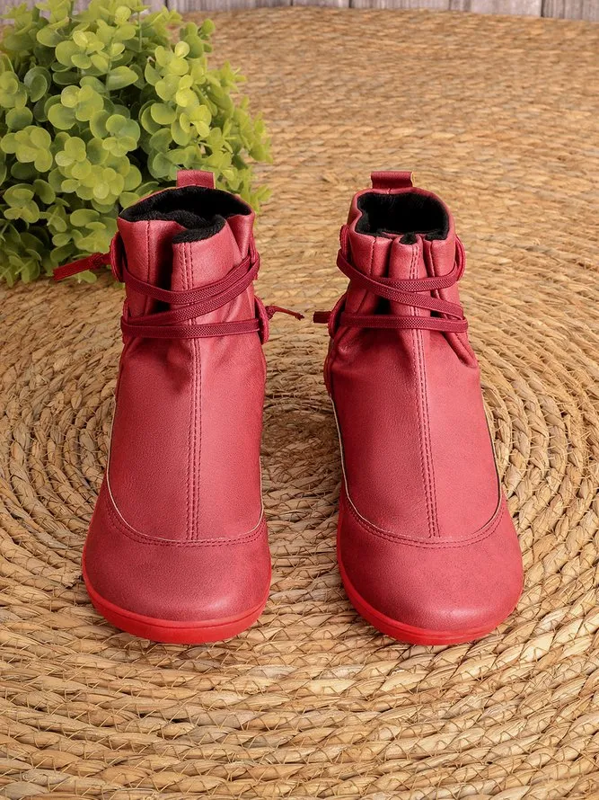 Vintage Women Casual Braided Strap Breathable Lether PU Flat Heel Classic Boots