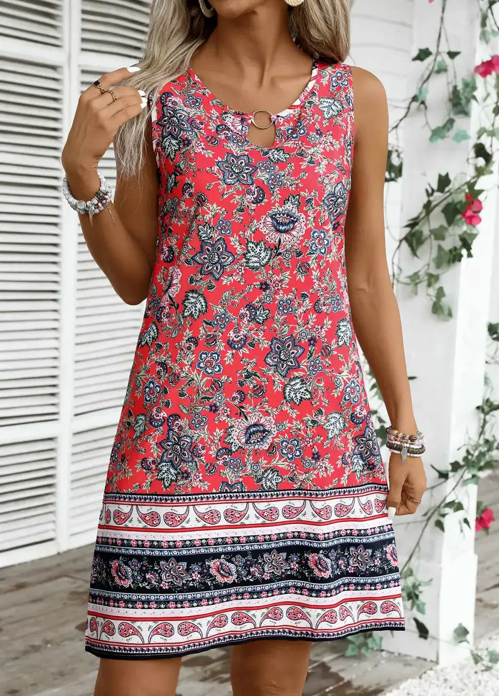 Coral Circular Ring Tribal Print Sleeveless Round Neck Dress