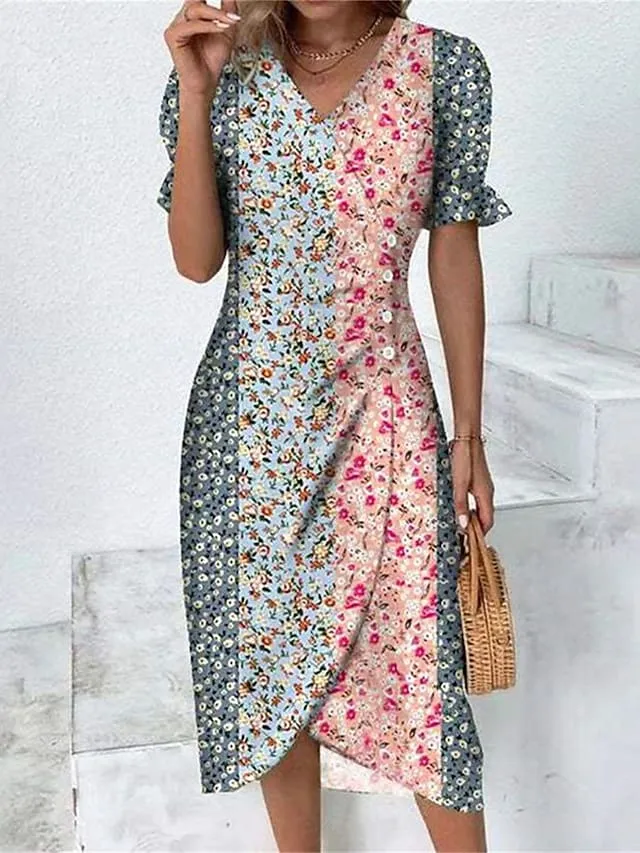 Women's Casual Dress Summer Dress Print Dress Floral Patchwork Button V Neck Midi Dress Fashion Classic Daily Holiday Short Sleeve Loose Fit Pink Summer Spring S M L XL XXL
