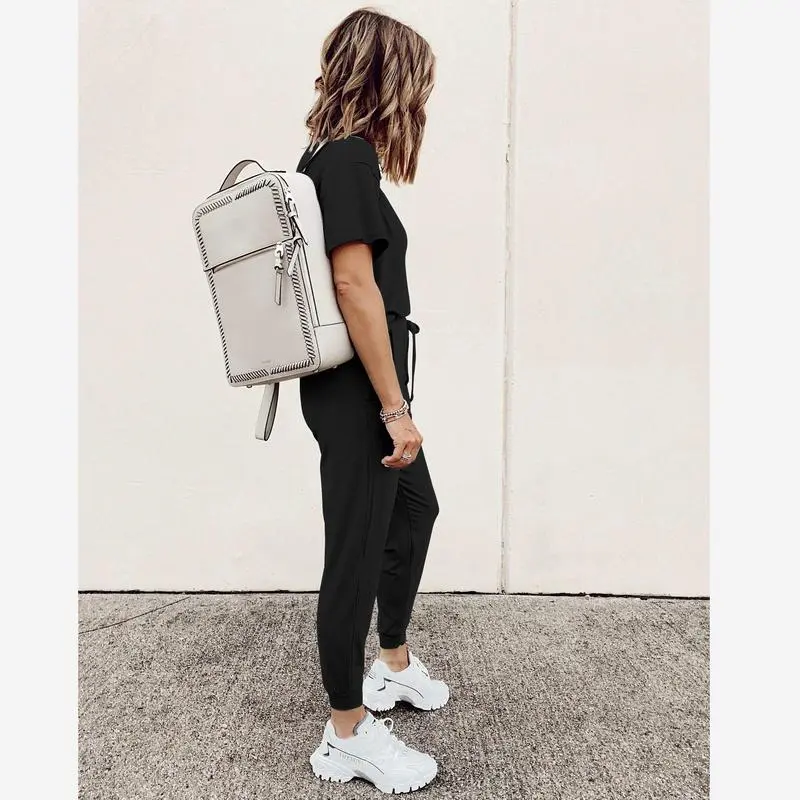 Women’s 2-Piece Summer Lounge Set, Short Sleeve Crew Neck Top & Drawstring Joggers with Pockets, Comfy Tracksuit