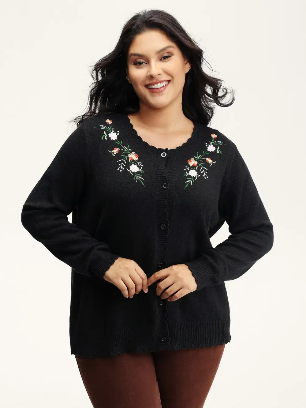 Supersoft Floral Embroidery Buttons Knit Cardigan