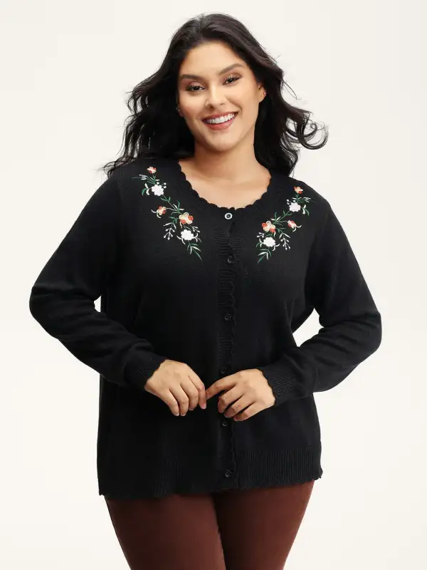 Supersoft Floral Embroidery Buttons Knit Cardigan