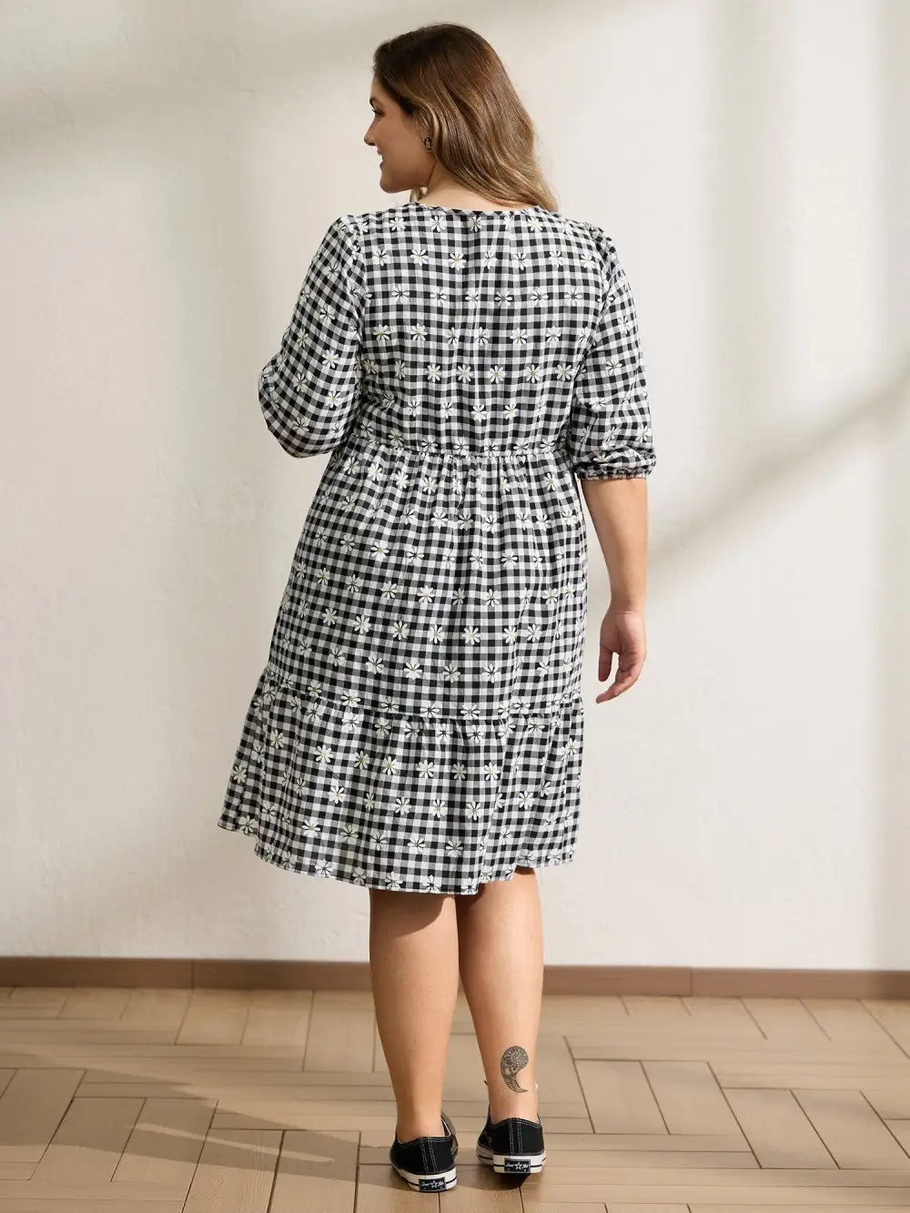 Plaid Floral High-Waist Midi Dress