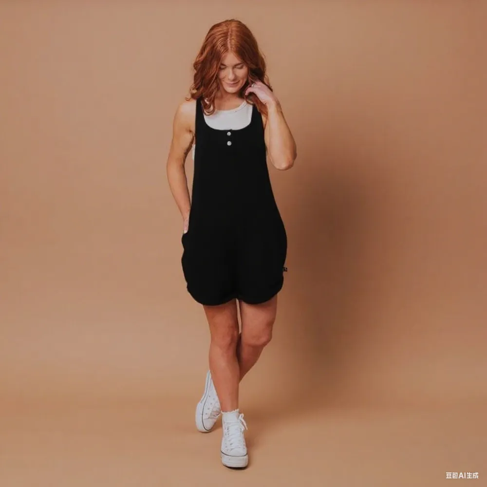 Women's Sleeveless Short Romper – Fern Green Casual Tank Jumpsuit with Pockets