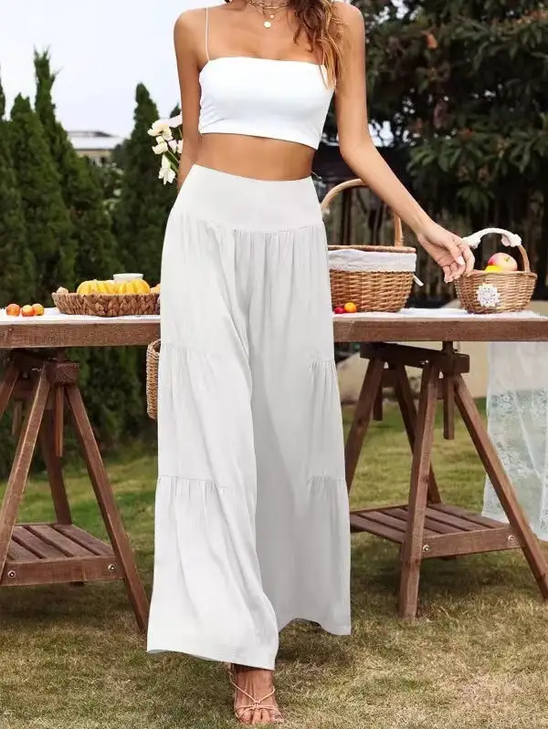 women's casual wide leg cotton and linen high waist trousers