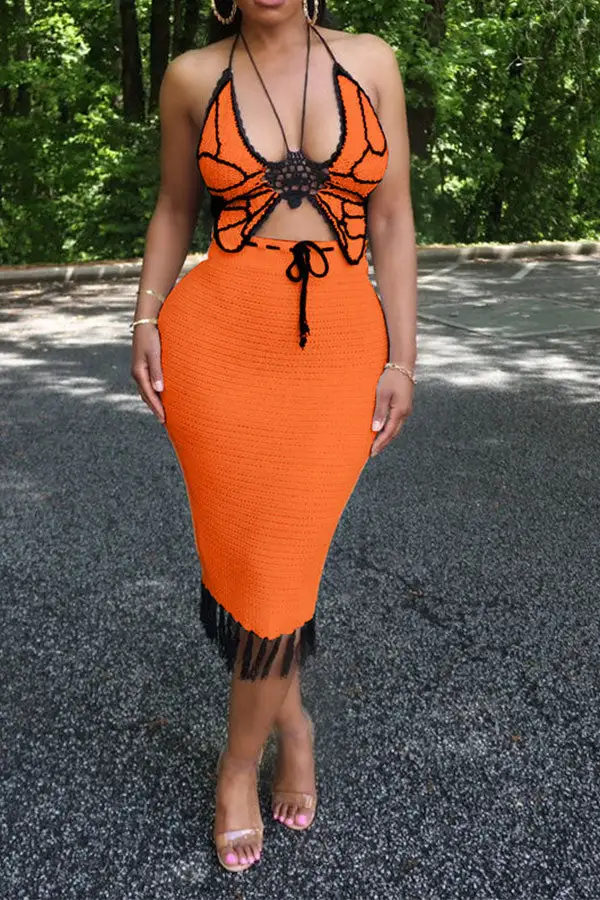 Crochet Butterfly Patchwork Tassel Dress Set