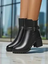 Women's Black Leather Ankle Boots - Warm Fur Lined Mid Heel Winter Booties with Side Zipper and Buckle for Cold Weather, Work & Outdoor Wear