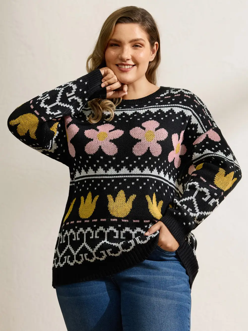 Jacquard Floral Garden Pattern Pullover