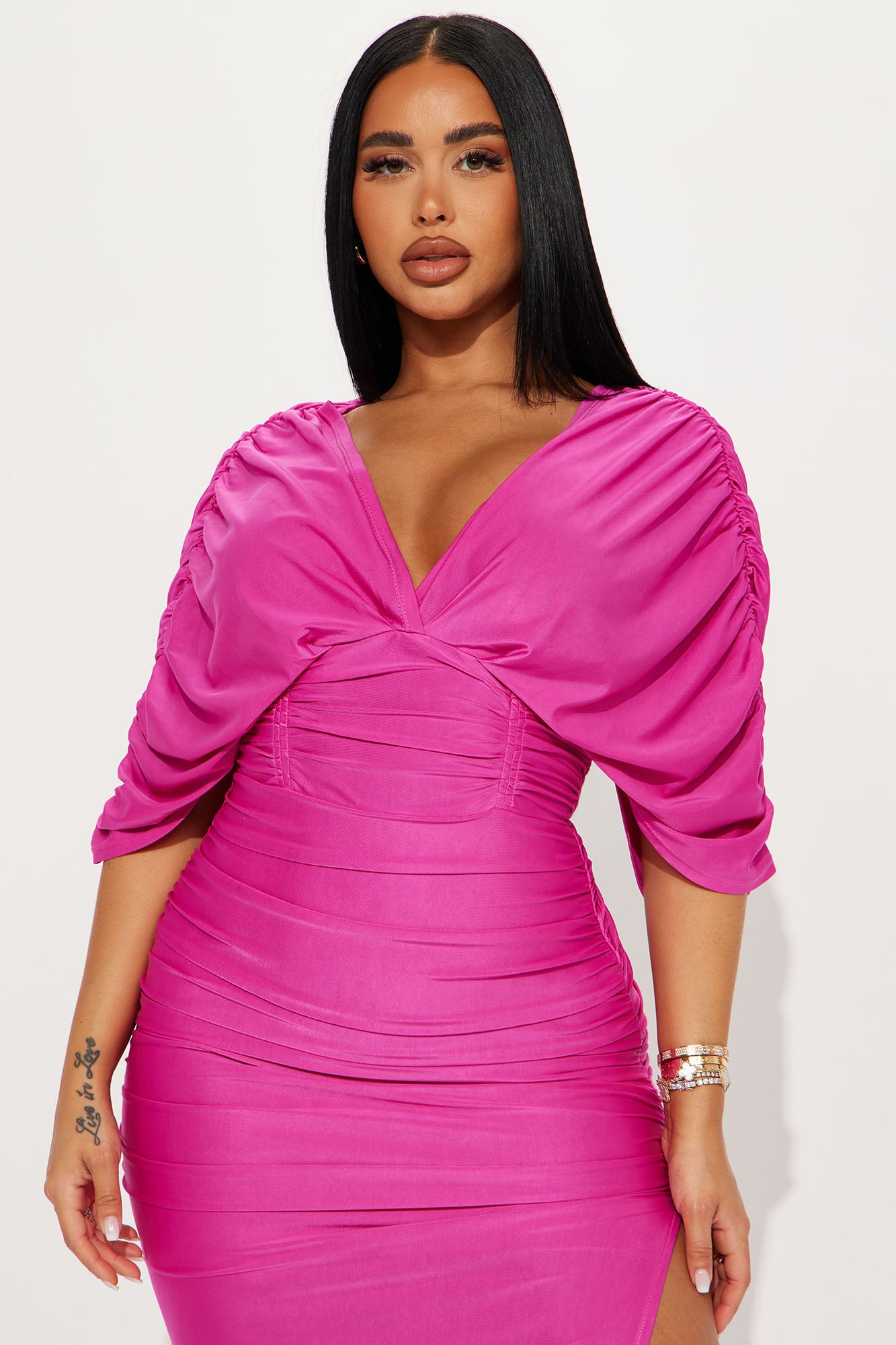Mandy Ruched Midi Dress - Magenta