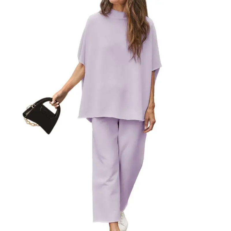 Women’s 2-Piece Lounge Set, Batwing Sleeve Pullover Top & Wide Leg Pants, Travel Outfit