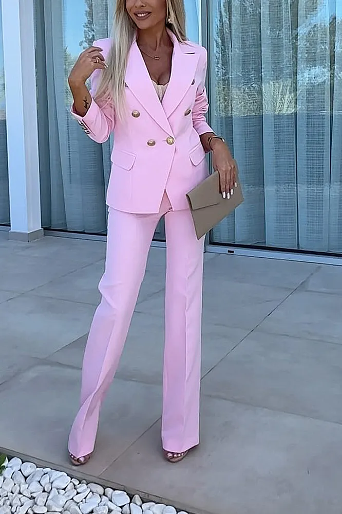 Women's solid color slim fit jacket&pants two-piece set