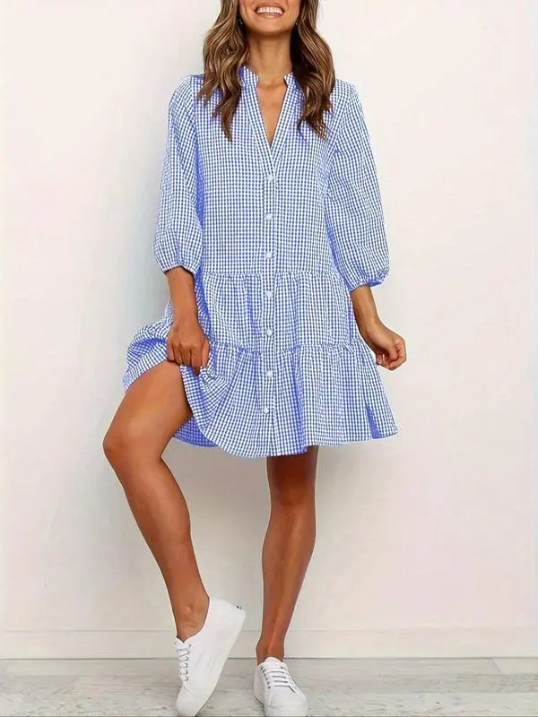 Women's Gingham Ruffle Shirt Dress – Button Front Notched Neck Mini Dress with Bishop Sleeves, Casual Chic Outfit for Spring, Summer & Fall