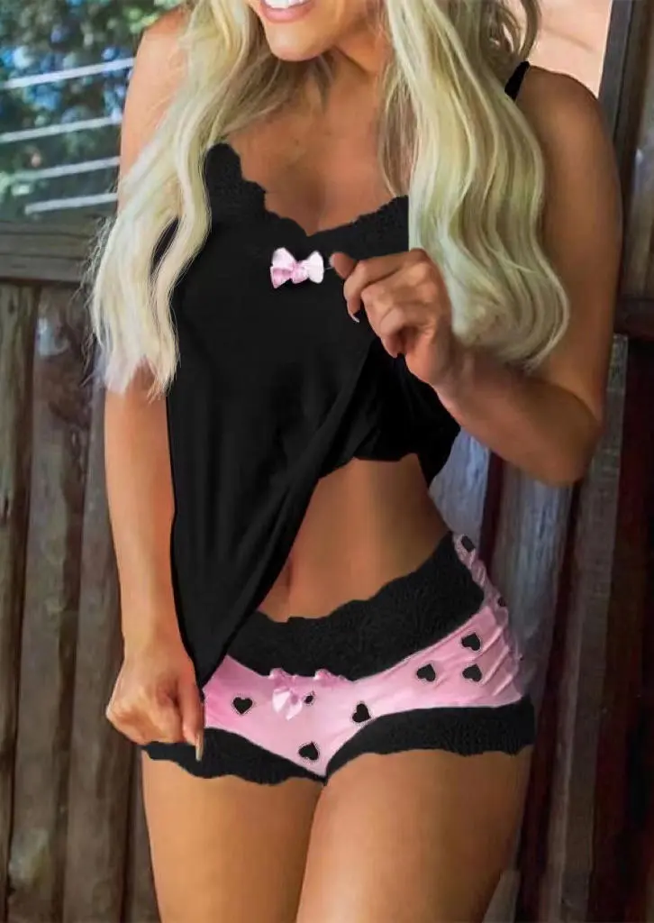 Lace Bowknot Camisole And Love Heart Shorts Pajamas Set