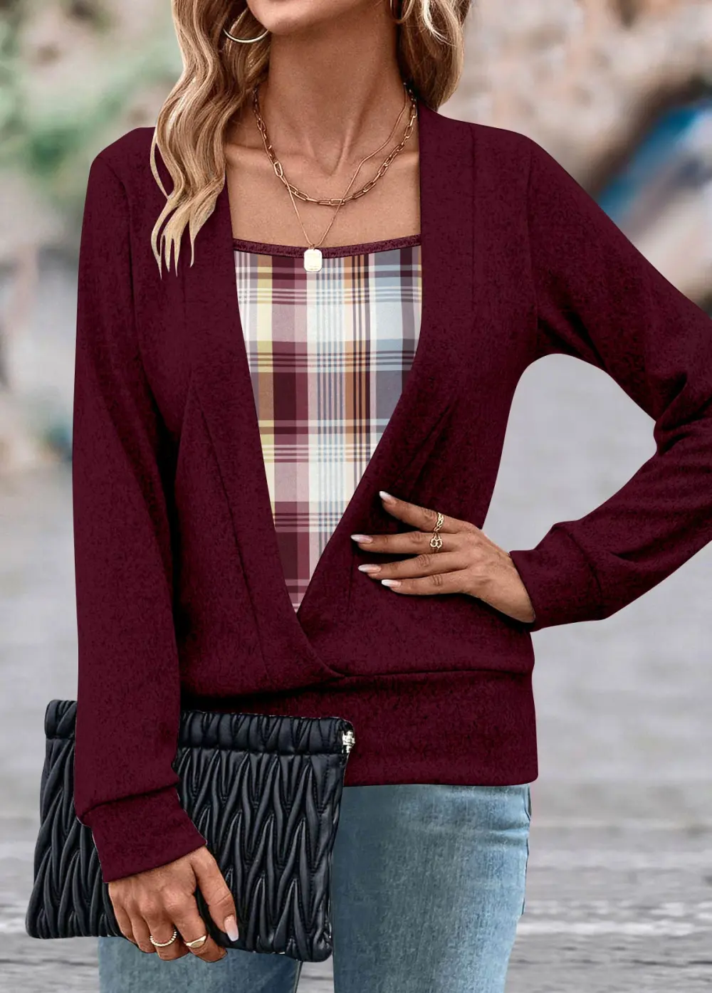 Wine Red Fake 2in1 Plaid Long Sleeve Sweatshirt