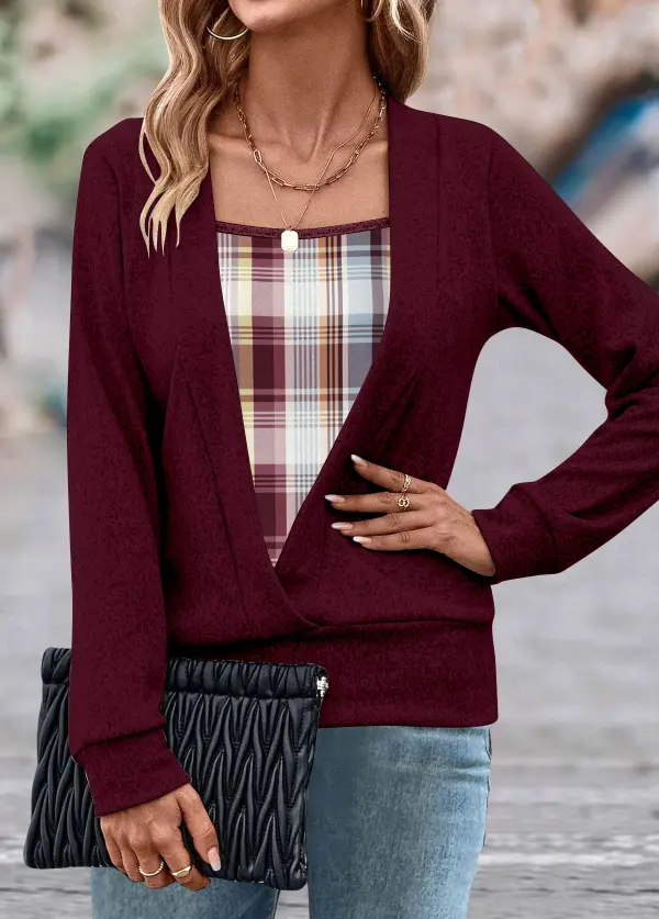 Wine Red Fake 2in1 Plaid Long Sleeve Sweatshirt