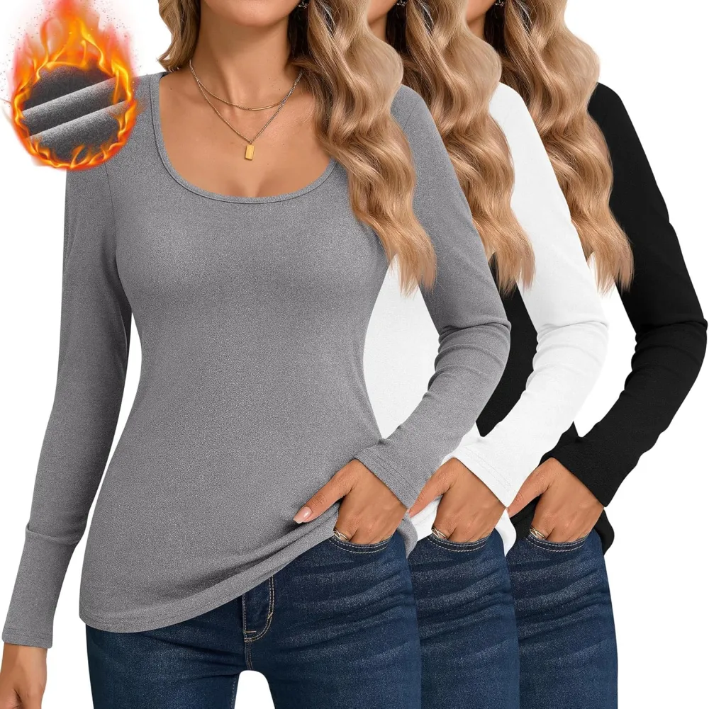 3 Pack Women's Thermal Long Sleeve Shirts Fleece Lined Scoop Neck Stretch Fitted Tops Winter Base Layer Underwear