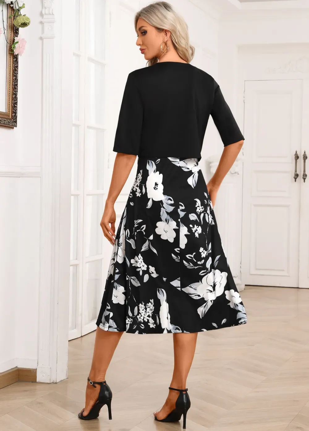 Black Two Piece Floral Print Dress and Cardigan