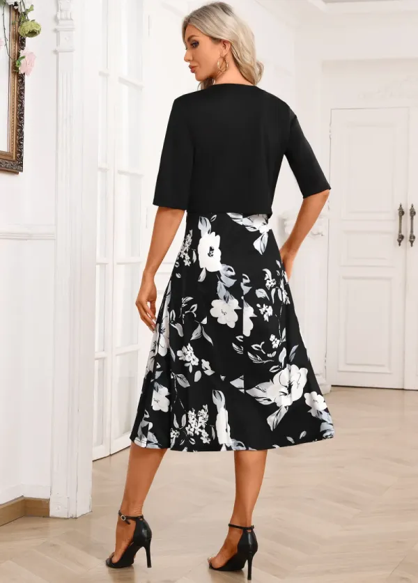 Black Two Piece Floral Print Dress and Cardigan