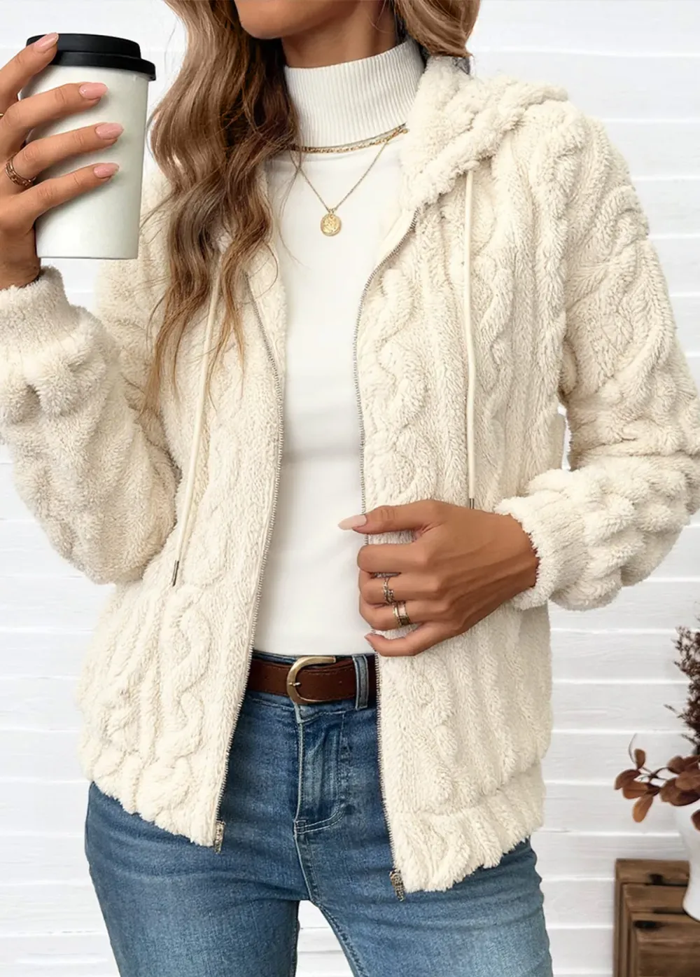 Beige Tummy Coverage Long Sleeve Hooded Coat