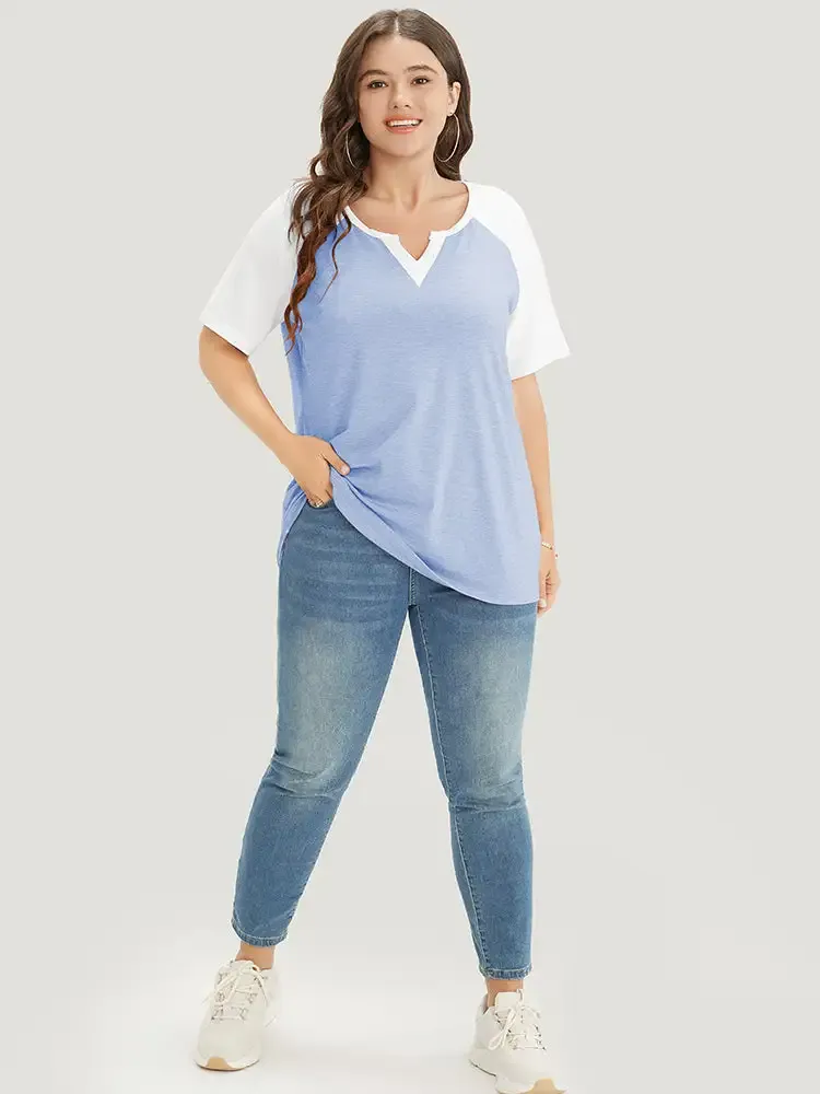 Colorblock Contrast Notched Raglan Sleeve T-shirt